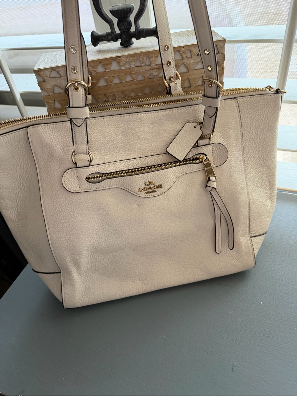 Coach Pebbled Leather Shoulder Tote in Light Beige